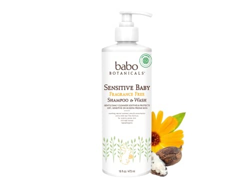 Babo Botanicals Sensitive Baby Fragrance-Free 2-in-1 Shampoo & Wash - with Natural Oat Protein, Shea & Cocoa Butter - EWG Verified & Hypoallergenic - 16 fl. oz.