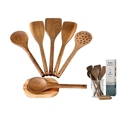 VERY NITTY Very Beautiful Kitchen Utensil Set, 7pc Wooden Cooking Utensils, Spoons and Spatula Set with Spoon Rest. Wood Kitchen Gadgets, Tools and Supplies for Cooking, Baking, Mixing and Salad Bowl
