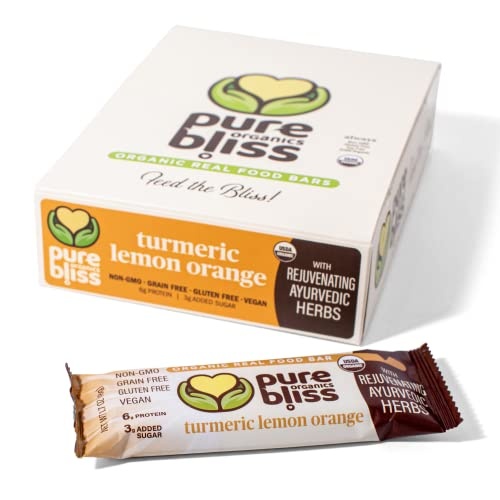 Organic Real Food Bars (Turmeric Lemon Orange) Grain Free - Paleo Friendly - Non-GMO, Gluten Free, Vegan, Nutrition Bars, Super Food Energy Bars, Ayurvedic & Adaptogen Herb Blend, Healthy Snack, Breakfast Bars, Dairy Free, Soy Free, Pure Bliss Organics (1