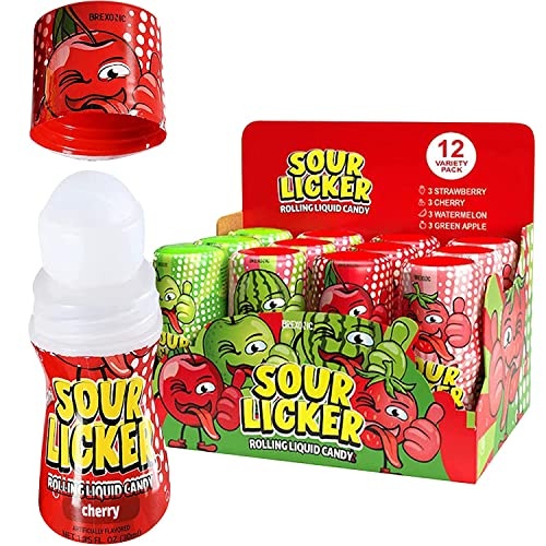 Slime Sour Lickers Candy, Gluten Free, 12 Pk Of 4 Flavors, Watermelon, Green Apple, Cherry and Strawberry Rolling Liquid Candy Bulk, Treat for Parties, Birthdays, or Halloween Treat