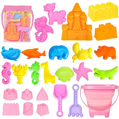 KUBUSFLY Beach Toys, Sand Toys for Toddlers, Sand Castle Sandbox Toys, Collapsible Sand Bucket and Shovels Kids Beach Toys with Mesh Bag Sandbox Toys for Toddlers Travel Beach Toys for Boys Baby Girls