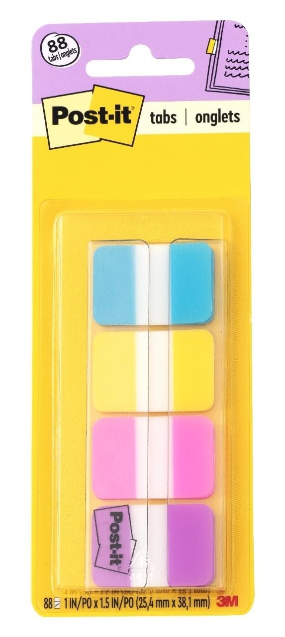 51FqqUBRngL.jpg Post-it Sticky Tabs, 1 in. x 1.5 in., 4 Pads of Book Tabs in Assorted Bright Colors for Bookmarking, Annotating, Reading, and Reminders, Blue, Yellow, Pink, and Purple (88 Total Count) - Image 1