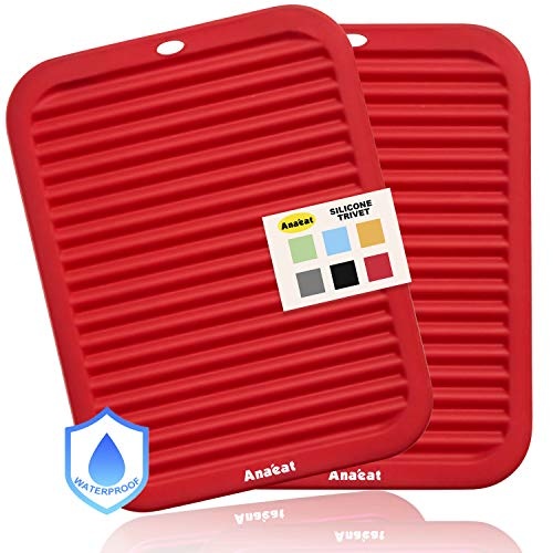 Anaeat 2 Pack Silicone Trivets for Hot Pots and Pans - Heat Resistant Real Silicone Hot Pads for Kitchen Counter, Multi-Purpose & Durable Trivet Mat for Hot Dishes, Jar Opener, Spoon Holder (Red )
