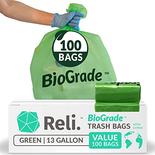 51PmBAx2DxL.jpg Reli. Biodegradable 13 Gallon Trash Bags | 100 Count | ASTM D6954 | Green | Eco-Friendly | Oxobiodegradable Under Certain Conditions (See Product Description) - Image 1