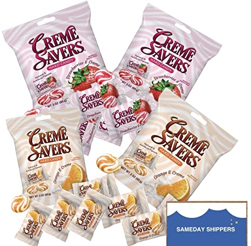 CREME SAVERS | Classic Original Individally Wrapped, Strawberries and Creme and Orange and Creme Hard Candy | 4 - PACK Variety & Sameday Shippers Card|