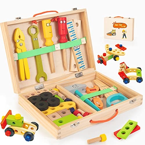 Bravmate Kids Tool Set, Pretend Play Toddler Wooden Tool Toys with Tool Box, Educational DIY STEM Toys for Boys and Girls Age 3, 4, 5 and Up (37 Pieces)
