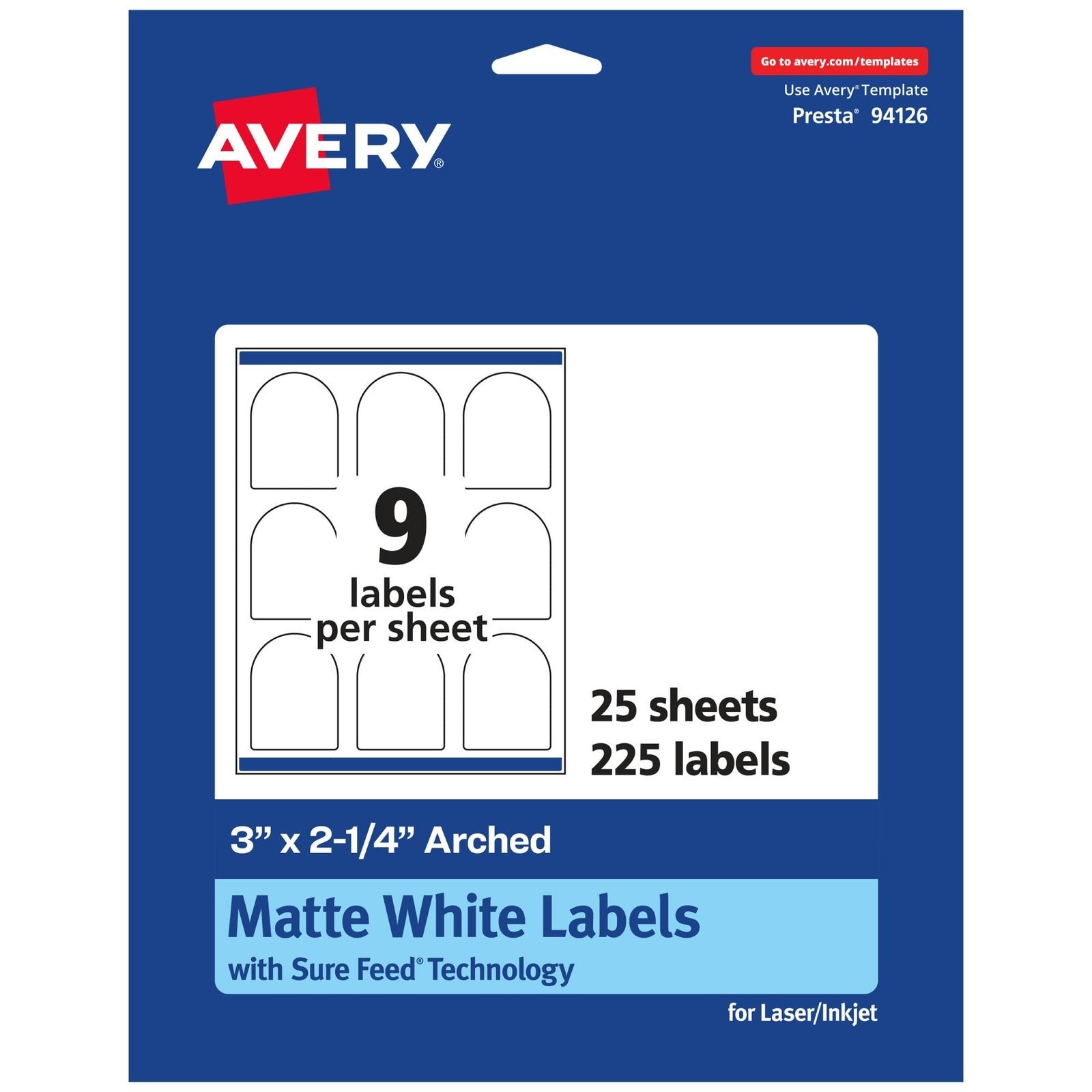 Avery® Matte White Arched Labels, Sure Feed® Technology, 3" x 2.25", 225 Labels, Print-to-The-Edge, Laser/Inkjet Printable