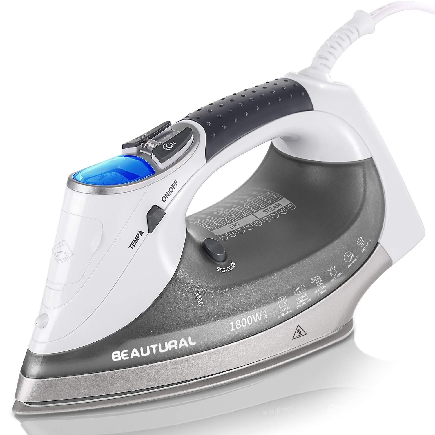 BEAUTURAL 1800-Watt Steam Iron with Digital LCD Screen, Double-Layer and Ceramic Coated Soleplate, 3-Way Auto-Off, 9 Preset Temperature and Steam Settings for Variable Fabric