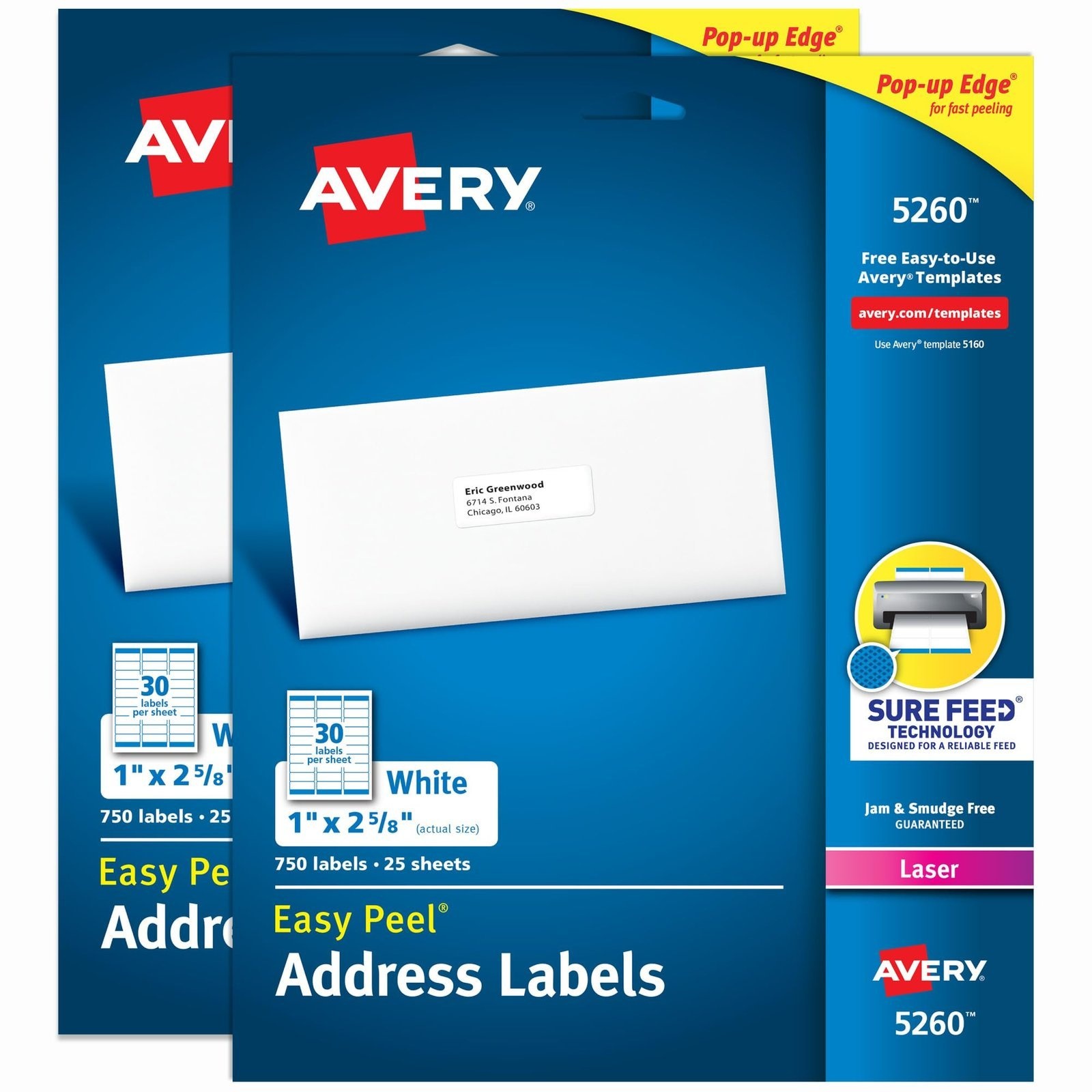 Avery® Easy Peel® Printable Address Labels, Sure Feed® Technology, 1" x 2-5/8" Customizable Stickers, White, 1,500 Blank Mailing Labels, Great for Mailing, Shipping, and More (2-Pack of 5260)