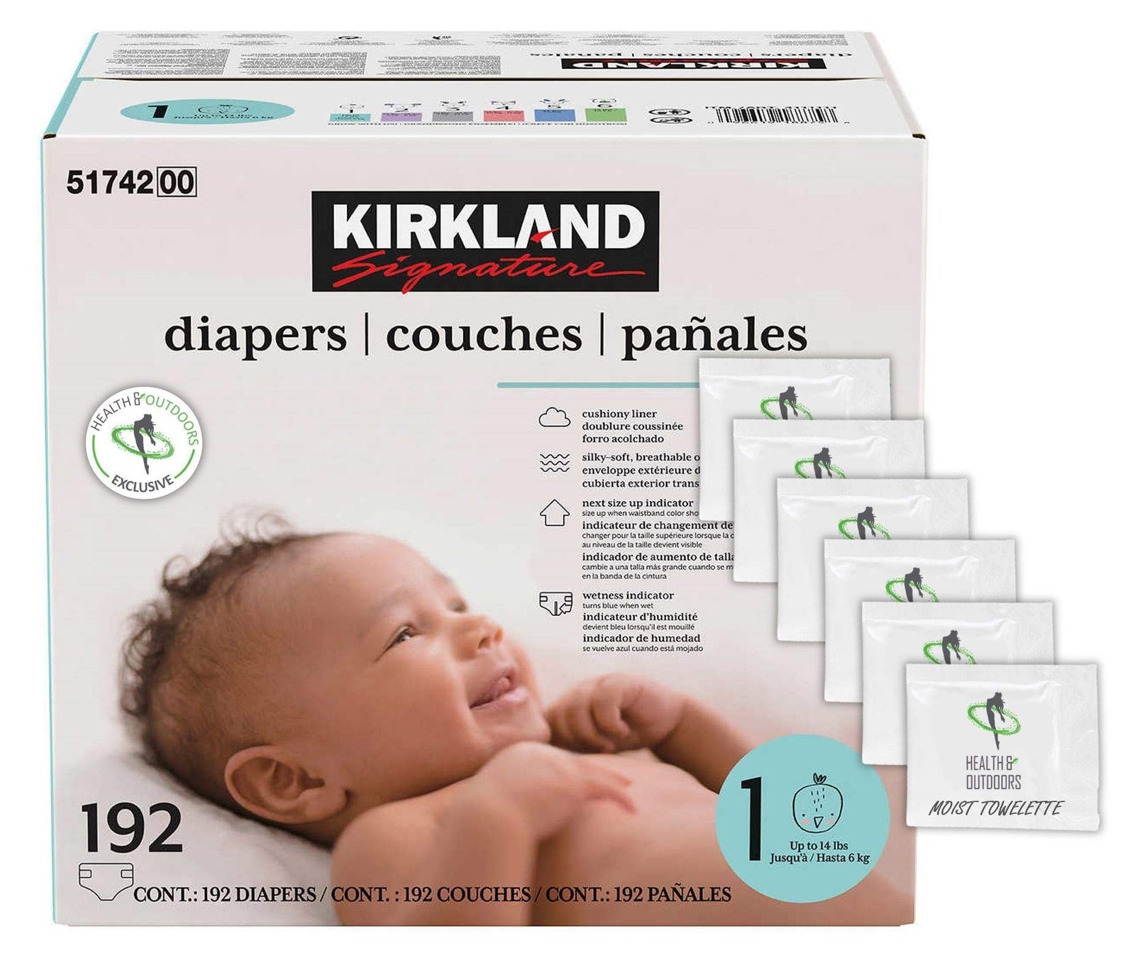 71x9EDJywTL-1.jpg Kirkland Signature Diapers Size 1 (Up to 14 Pounds) 192 Count W/Exclusive Health and Outdoors Wipes - Image 1