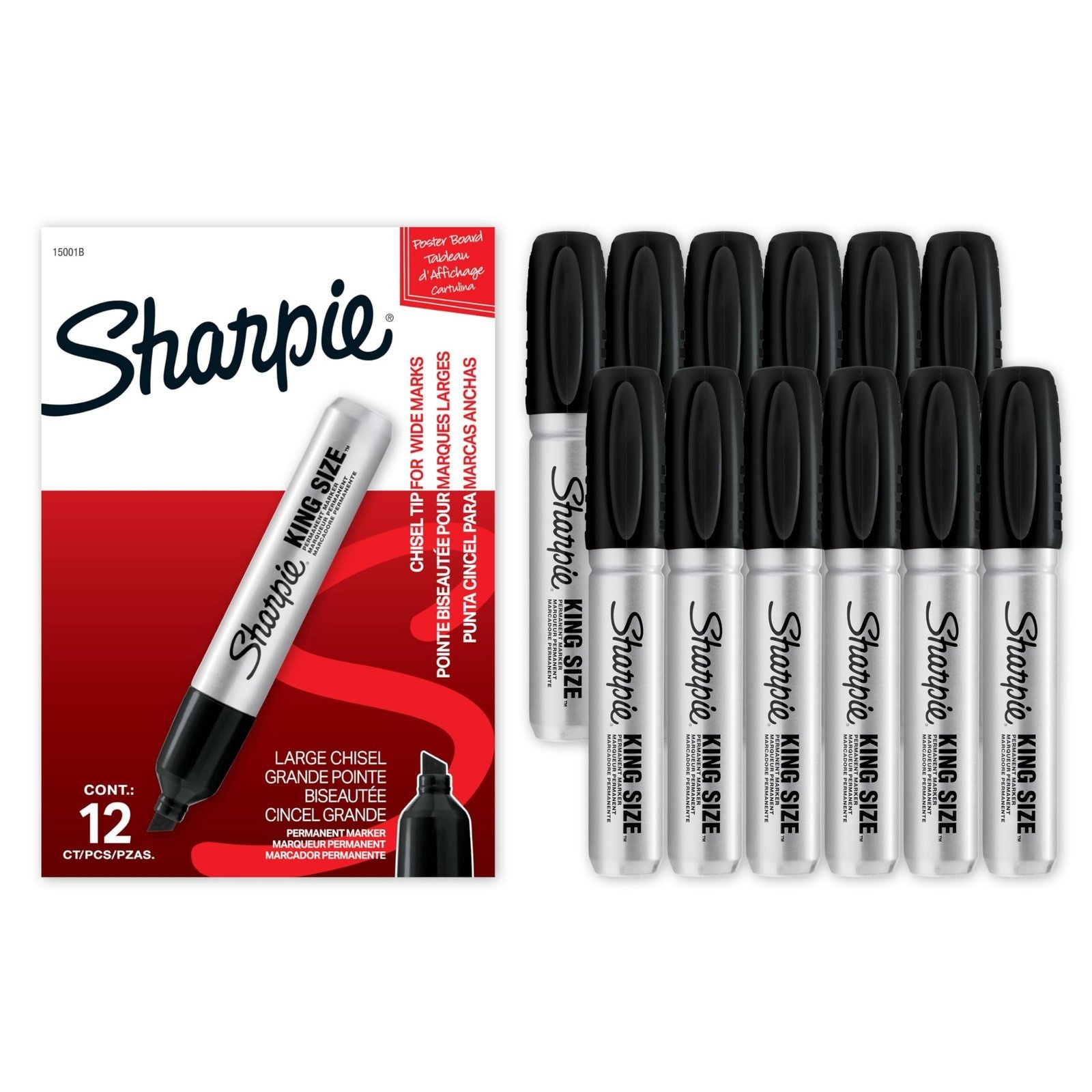 81lcj92-FfL.jpg Sharpie King Size Permanent Markers, Chisel Tip, Black, 12 Count - Thick Poster Markers, Heavy Duty For Work & Industrial Use, High Capacity Ink Supply, For Paper, Metal, Plastic, And More - Image 1